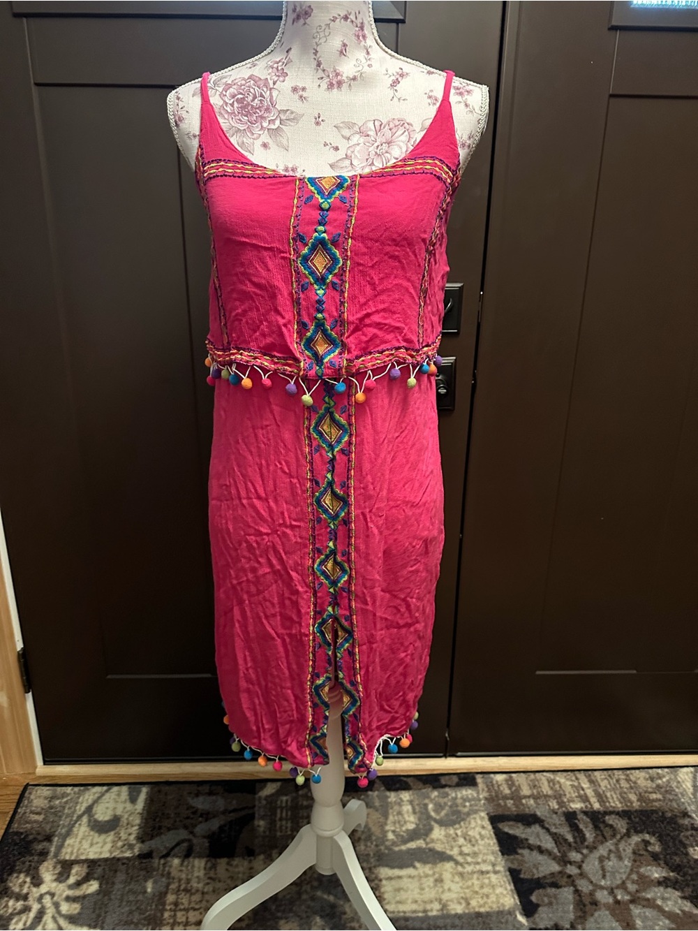 Angie Hot Pink Embroidered Midi Dress with Pom Tassels